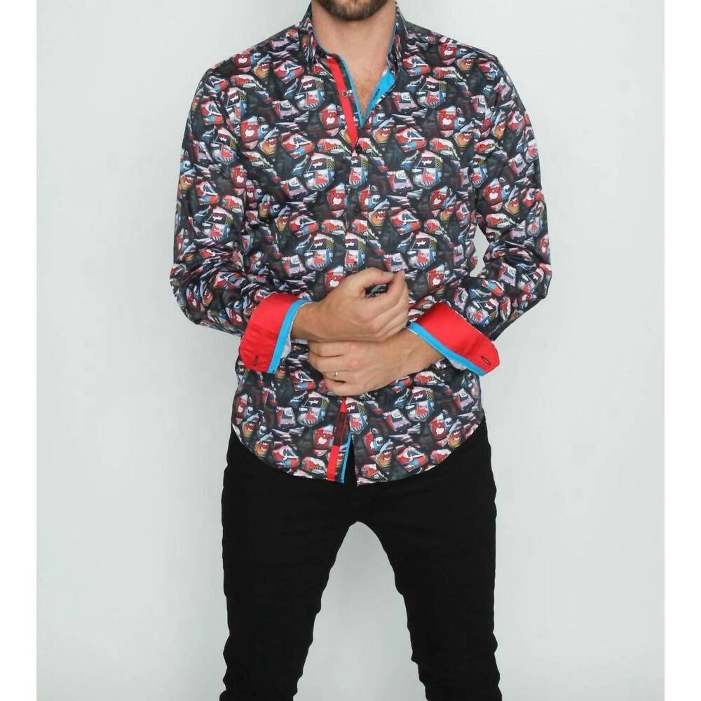 NEW EIGHT X comic style dark button down with trim in multi